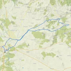 Mapa de rutas en bici por Soria, con un recorrido azul marcado que atraviesa pueblos y montañas.