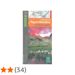 Mapa del Parque Natural Posets Maladeta, con paisaje de montaña al atardecer y flores en primer plano.