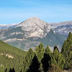 Majestuosa Serra d'Ensija bajo un cielo azul. Bosques de pinos cubren las laderas, con picos rocosos y nevados al fondo.