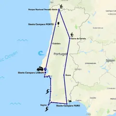 Mapa de ruta de camping en Portugal, con paradas en Oporto, Lisboa y Faro, visitando parques naturales y la costa.