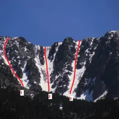 La Muntanya d'Alinyà, con sus laderas nevadas y rocosas, muestra tres rutas marcadas en rojo, numeradas del 1 al 3.