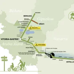 Mapa de las vías verdes de Euskadi, mostrando rutas ciclistas y senderos en Gipuzkoa, Araba y Navarra. Incluye puntos de interés y siluetas de ciclistas.