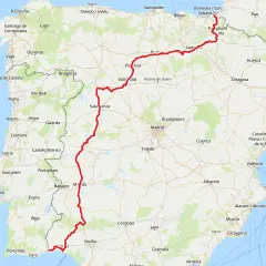 Ruta EuroVelo 1 en rojo, recorriendo Portugal y España, desde el sur de Portugal hasta el norte de España, pasando por Lisboa, Salamanca y Pamplona.