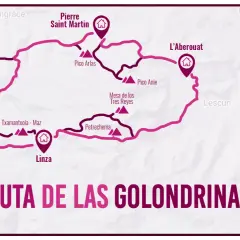 Mapa de la ruta de las golondrinas, con puntos de interés como Pierre Saint Martin, L'Aberouat y Linza, y variantes A y B.