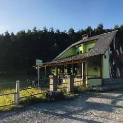 El refugi Serrat de les Esposes, un refugio acogedor rodeado de pinos, con un mural artístico en su fachada.