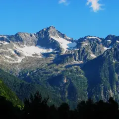 Majestuoso montarto pico nevado bajo un cielo azul. Bosques verdes cubren las laderas.