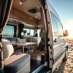 Interior de autocaravana con vista a la playa al atardecer. Un sueño de **Barcelona en autocaravana** hecho realidad, con cómodos asientos y una cocina funcional.