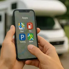 Mano sujetando un smartphone con una aplicación para caravanas, mostrando iconos de mapas, gasolineras, aparcamiento y rutas.
