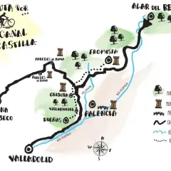 Mapa ilustrado de la ruta en bicicleta por el Canal de Castilla, mostrando localidades como Valladolid, Palencia y Alar del Rey, junto a monumentos y ríos.
