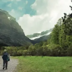 Senderos del Pirineo Aragonés, un excursionista camina hacia imponentes montañas con picos nevados y exuberante vegetación verde.