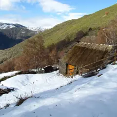 Pequeña cabaña de piedra con tejado de paja, rodeada de nieve y un paisaje montañoso. Un esterri de cardos se alza en la ladera verde.
