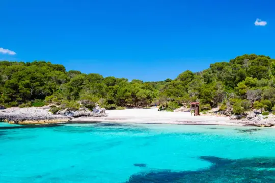 Aguas turquesas cristalinas bañan la arena blanca de cala turqueta, rodeada de pinos verdes y rocas.