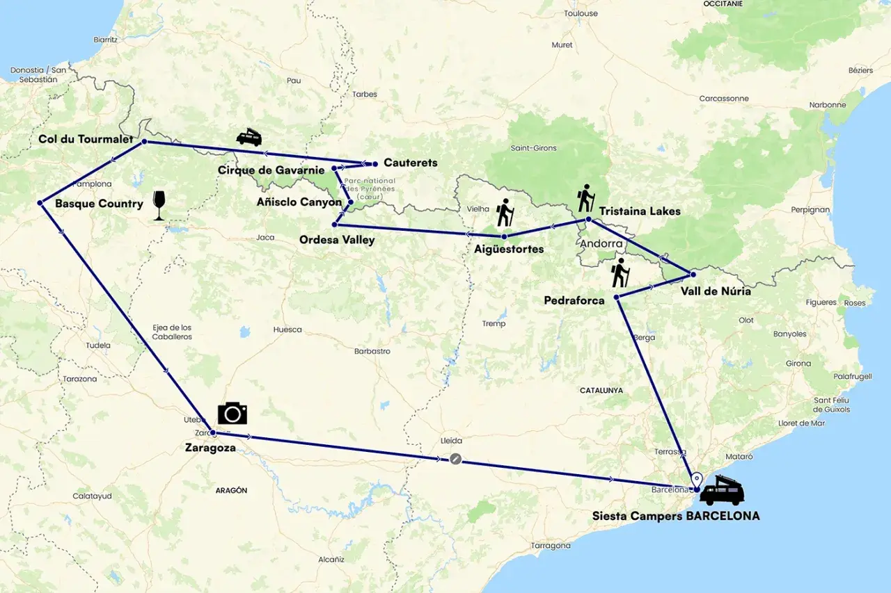 Mapa de una ruta por los Pirineos franceses y españoles, pasando por el País Vasco, el Cirque de Gavarnie, Ordesa y finalizando en Barcelona.