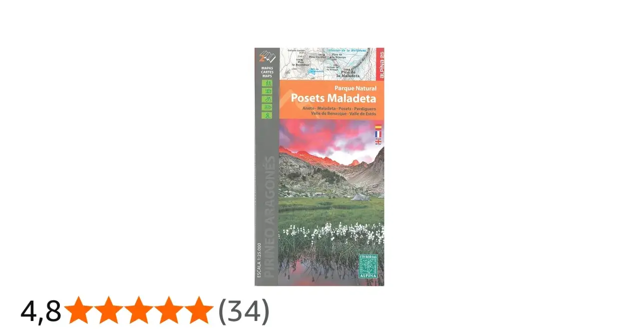 Mapa del Parque Natural Posets Maladeta, con paisaje de montaña al atardecer y flores en primer plano.