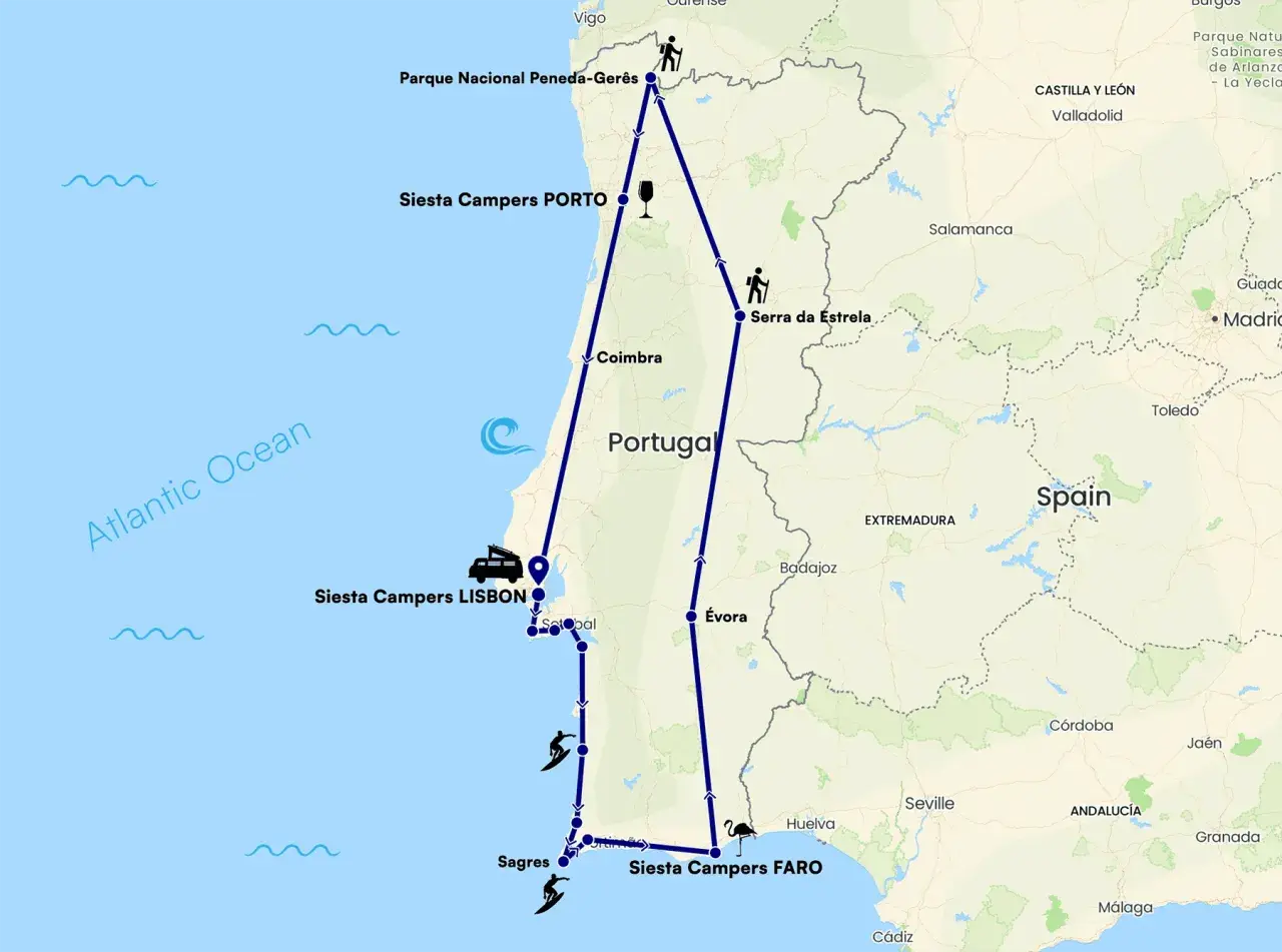 Mapa de ruta de camping en Portugal, con paradas en Oporto, Lisboa y Faro, visitando parques naturales y la costa.