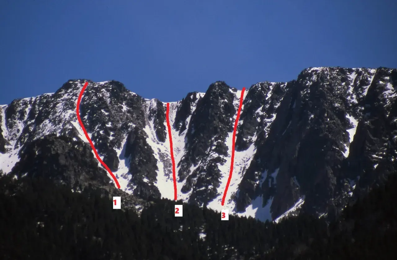 La Muntanya d'Alinyà, con sus laderas nevadas y rocosas, muestra tres rutas marcadas en rojo, numeradas del 1 al 3.