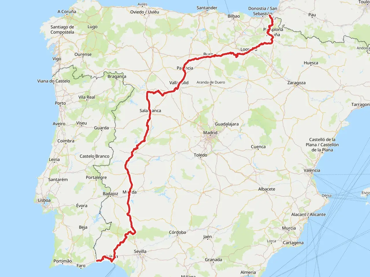 Ruta EuroVelo 1 en rojo, recorriendo Portugal y España, desde el sur de Portugal hasta el norte de España, pasando por Lisboa, Salamanca y Pamplona.