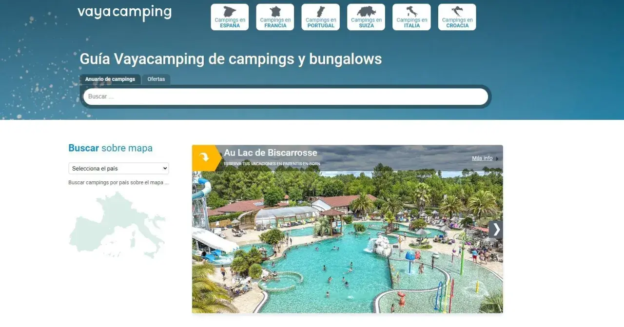 La app Vayacamping te ayuda a encontrar campings y bungalows. Busca por país o explora el mapa para planificar tu próxima aventura.