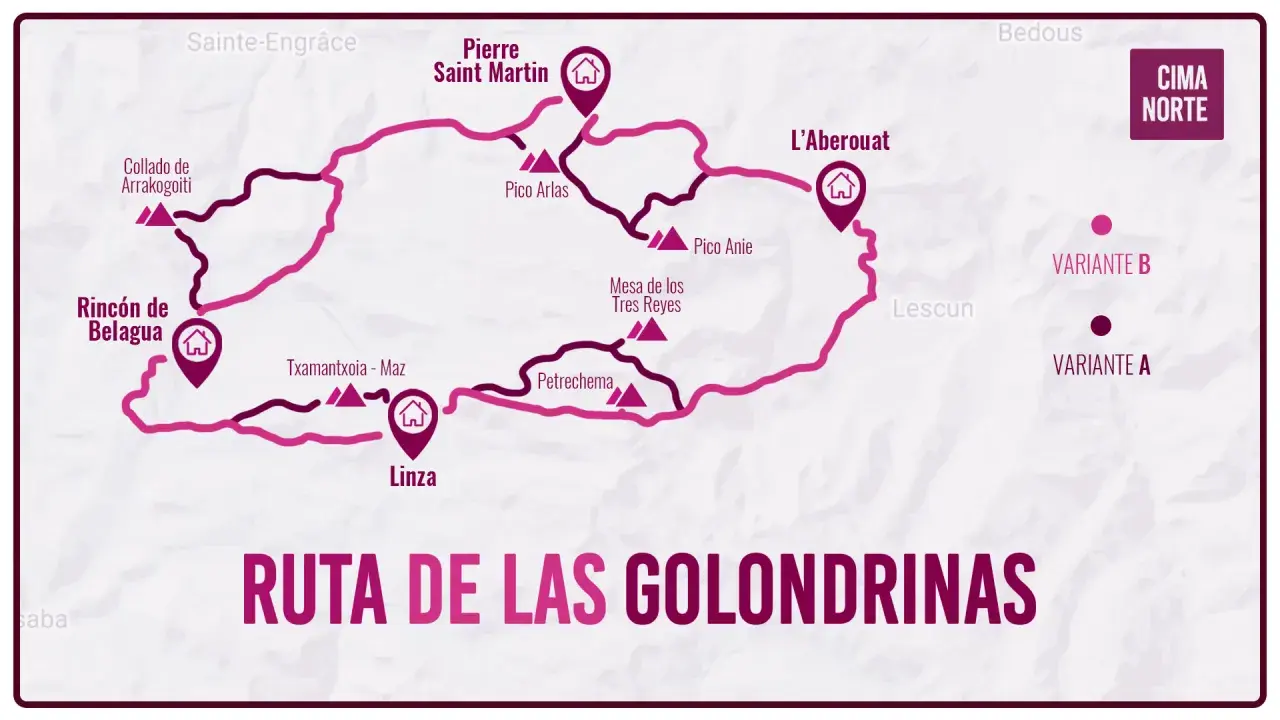 Mapa de la ruta de las golondrinas, con puntos de interés como Pierre Saint Martin, L'Aberouat y Linza, y variantes A y B.