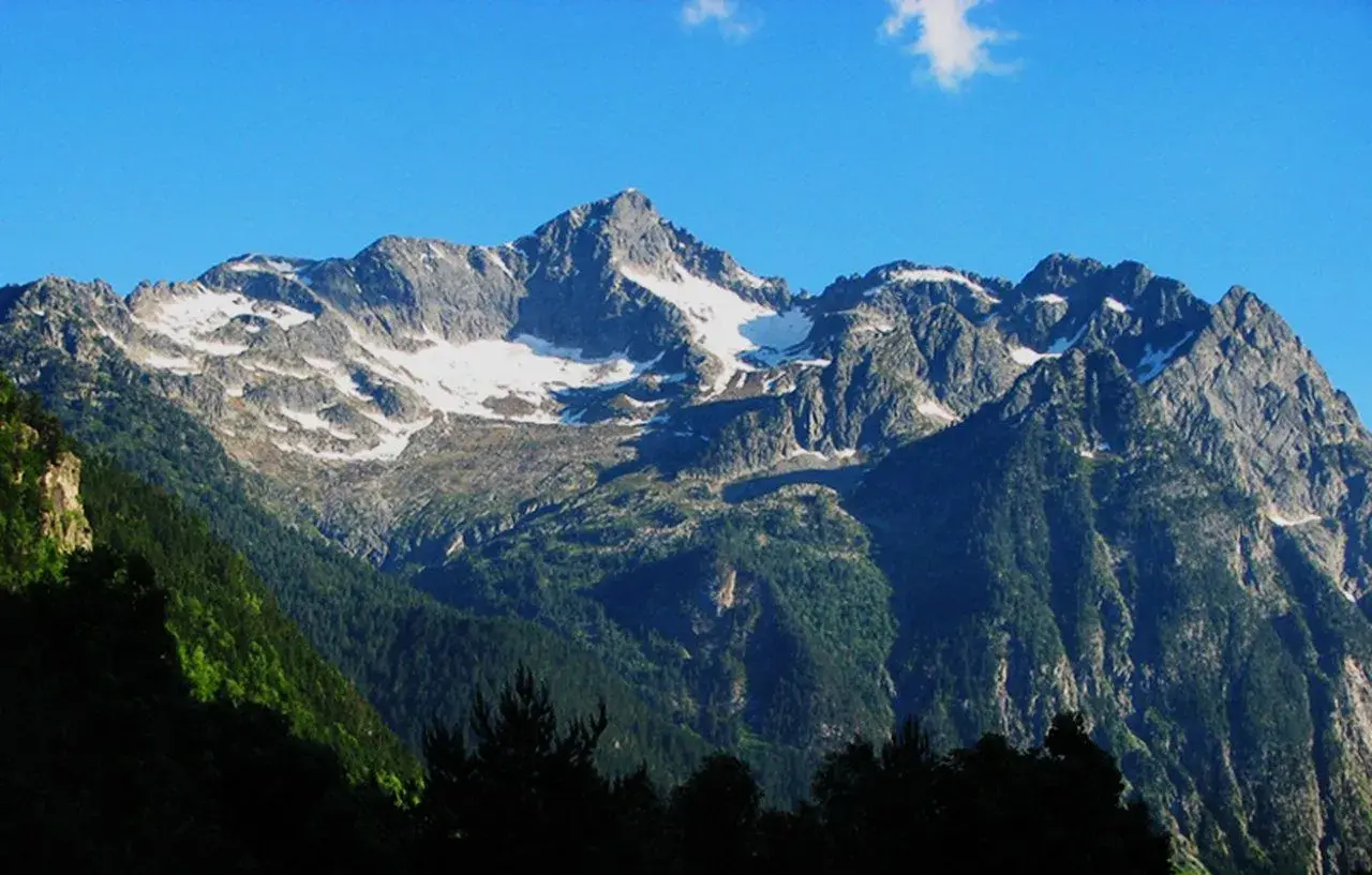 Majestuoso montarto pico nevado bajo un cielo azul. Bosques verdes cubren las laderas.