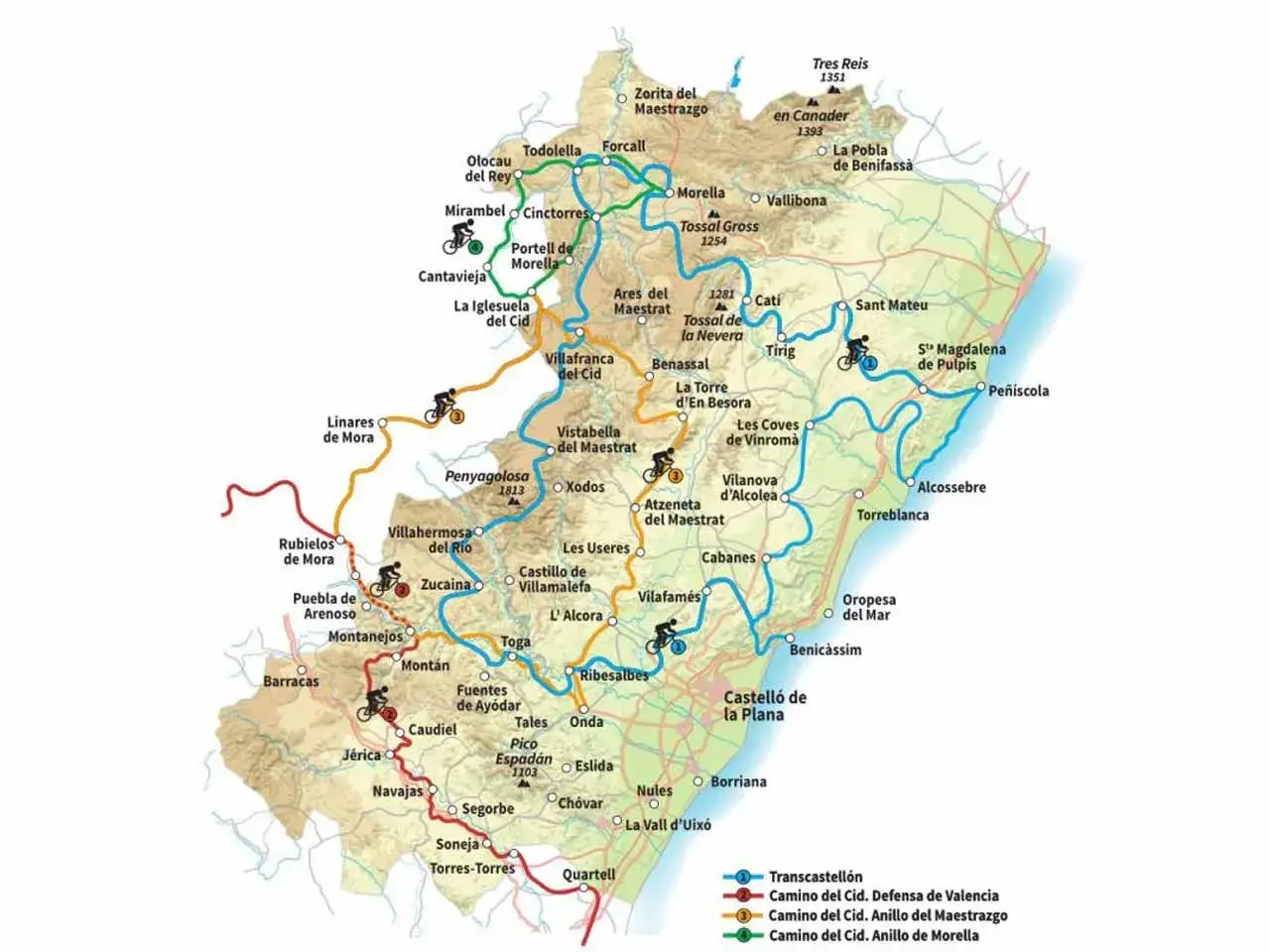 Mapa del **camino del Cid en bici** por el Maestrazgo y la costa. Rutas ciclistas señalizadas con iconos de ciclistas.