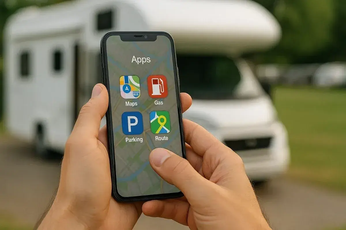 Mano sujetando un smartphone con una aplicación para caravanas, mostrando iconos de mapas, gasolineras, aparcamiento y rutas.