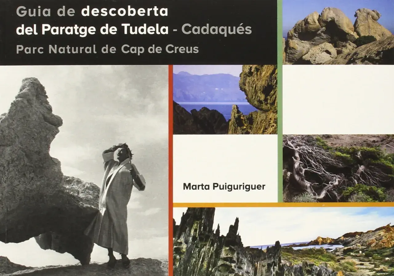 Guía del Paratge de Tudela, con una mujer junto a rocas y vistas del Cap de Creus.
