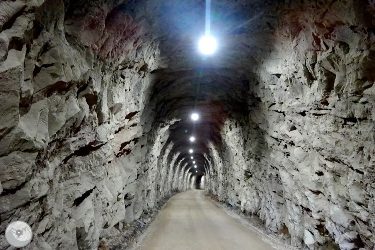 El carrilet cal rosal, un túnel de roca con luces que iluminan el camino.