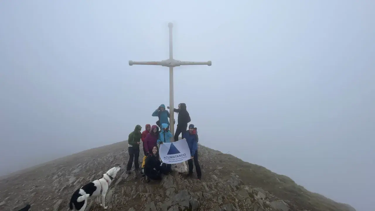 Grupo de montañistas celebra en la cima con un perro, bajo un gran taga y neblina.