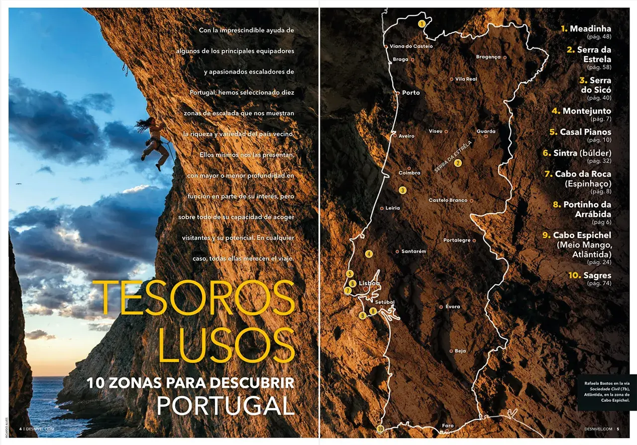 Una escaladora desafía una pared rocosa en Portugal, destacando la riqueza de la escalada en el país.