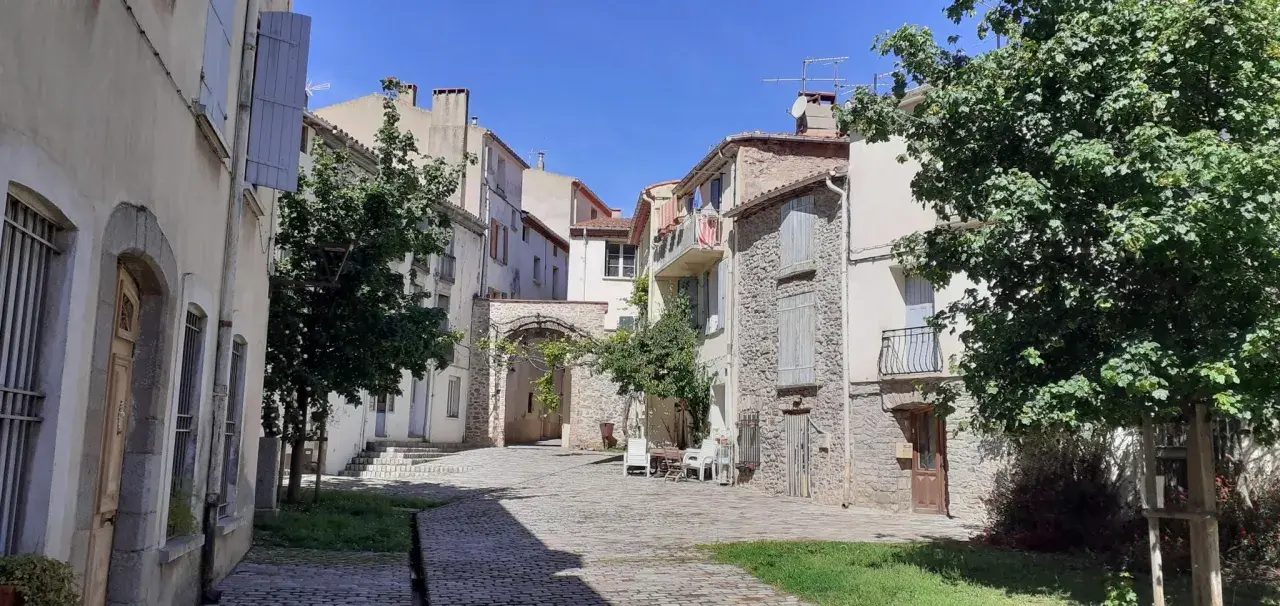 Calle adoquinada en Arles-sur-Tech, con casas de piedra y fachadas blancas, un arco de piedra y árboles frondosos bajo un cielo azul.