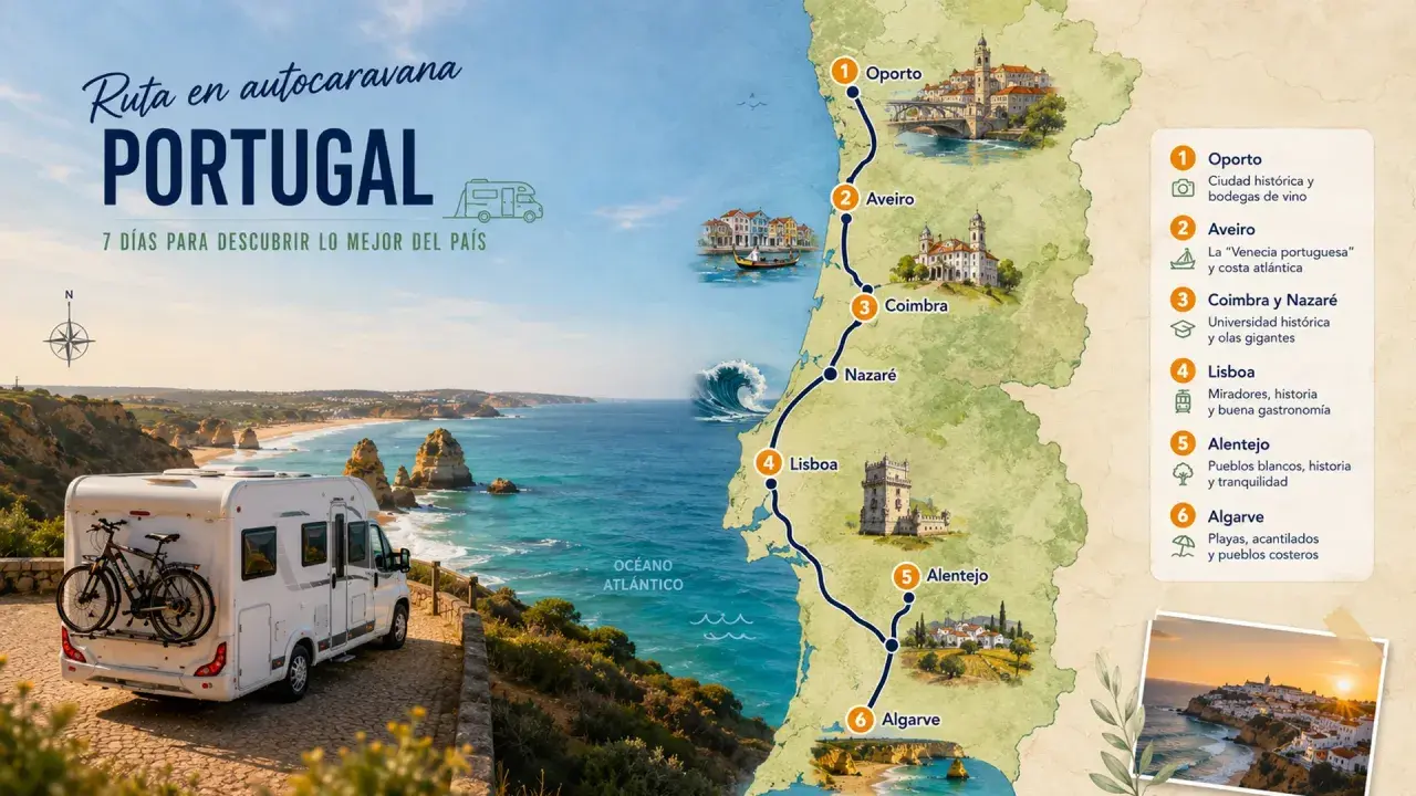 Autocaravana en la costa portuguesa, con ruta de Oporto a Algarve.