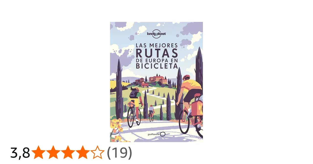 Ilustración de un libro sobre las mejores rutas de **viajes en bicicleta por Europa**, con ciclistas pedaleando por un paisaje toscano.