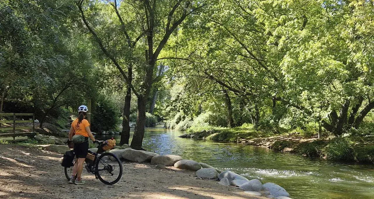 Ciclista en la ruta Pirinexus, junto a un río cristalino y frondosa vegetación.