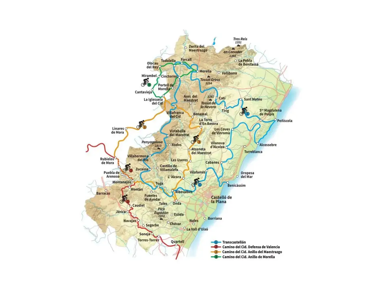 Mapa del camino del Cid en bici por el Maestrazgo y la costa. Rutas ciclistas señalizadas con pueblos y puntos de interés.