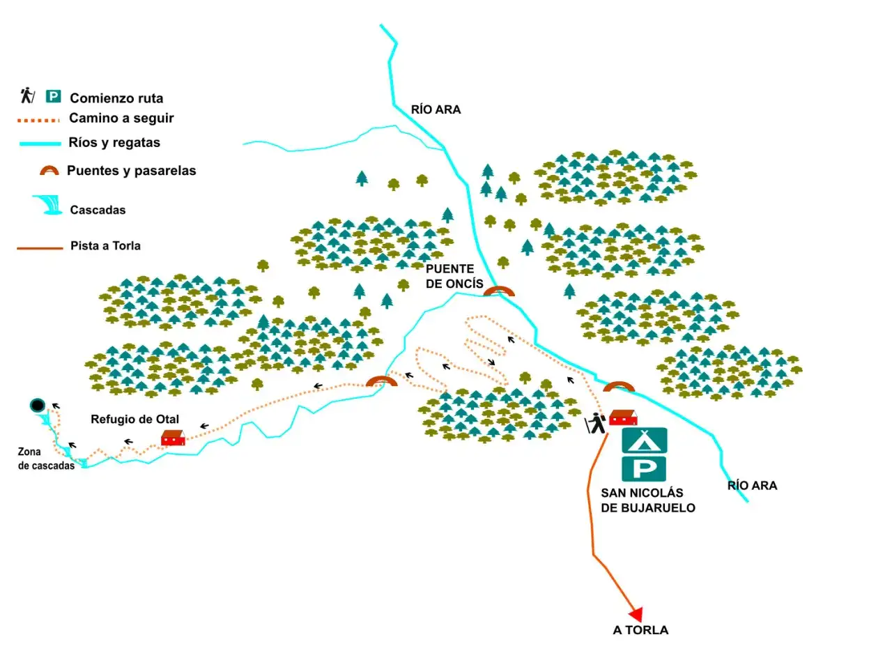 Mapa del valle de Otal con senderos, ríos, cascadas, puentes y refugios. Indica el inicio de ruta y el camino a seguir.