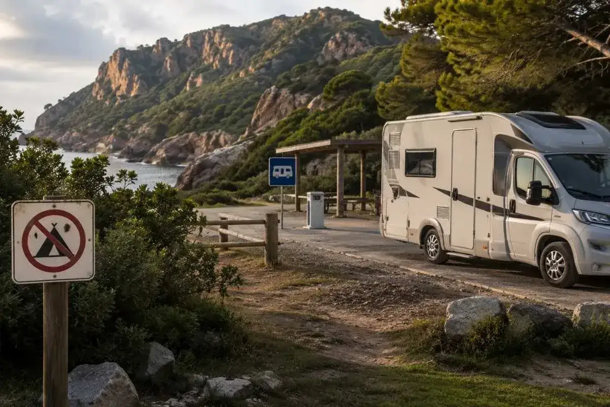 Autocaravana aparcada junto a la costa, con un cartel de
