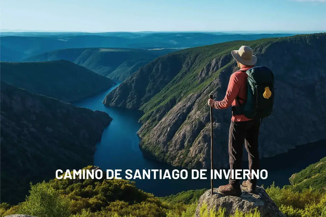 Peregrino con mochila y bastón contempla un paisaje montañoso y un río, disfrutando de un tranquilo camino de invierno.