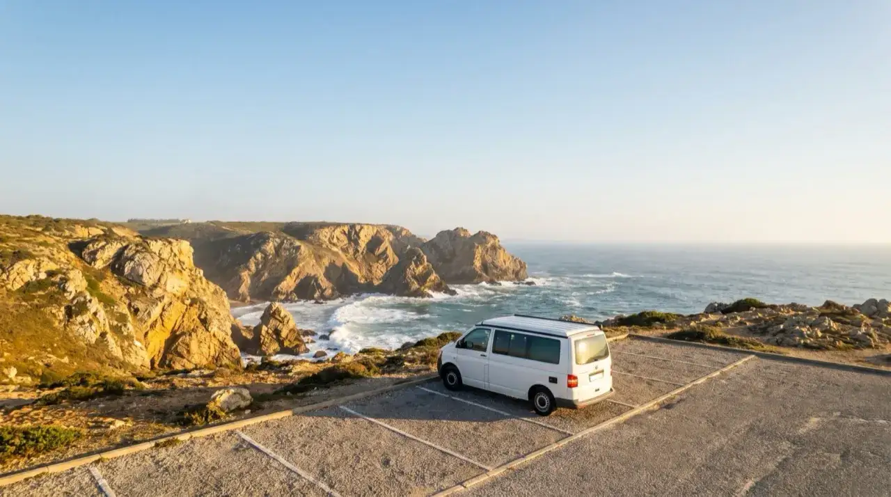 Furgoneta blanca aparcada en un mirador con vistas al mar y acantilados dorados. ¡La aventura del Algarve en furgoneta comienza aquí!