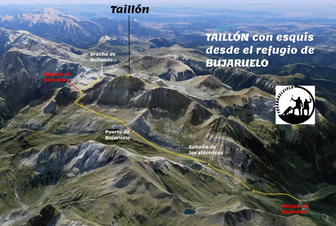 Vista aérea del Taillón con esquís desde el refugio de Bujaruelo, mostrando la ruta, el Puerto de Bujaruelo y la Brecha de Rollando.