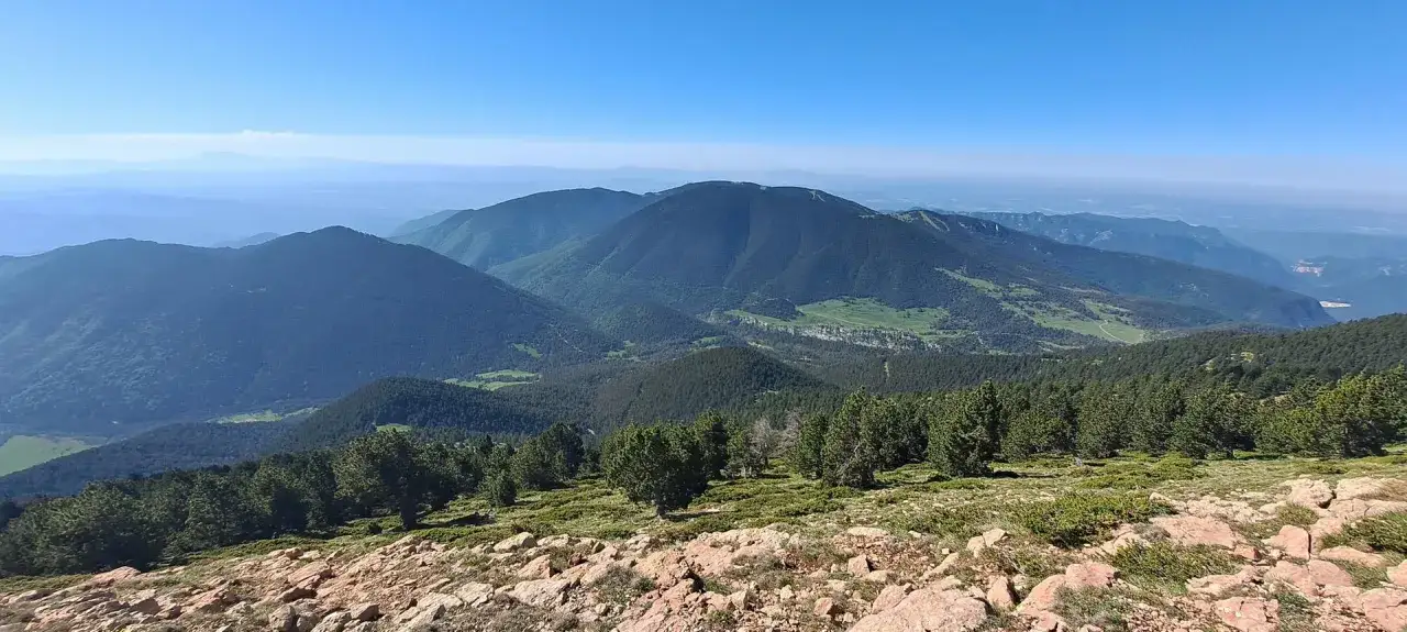 Vista panorámica desde el pic de Peguera. Montañas cubiertas de bosques verdes se extienden hasta el horizonte bajo un cielo azul despejado.