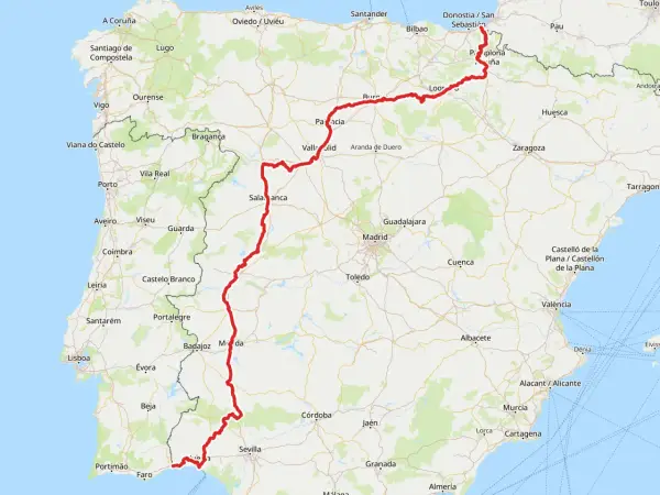 Ruta EuroVelo 1 en rojo, recorriendo Portugal y España, desde el sur de Portugal hasta el norte de España, pasando por Lisboa, Salamanca y Pamplona.